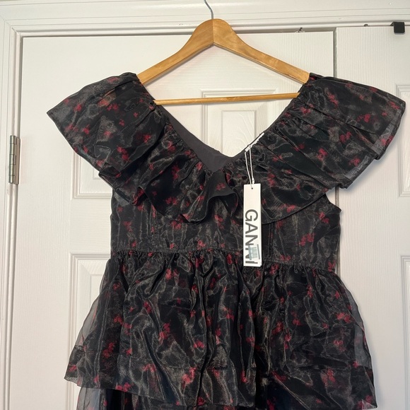 NWT ⭐️ GANNI Ruffled Organza Peplum Midi Dress Black US 4 - Picture 5 of 12